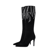 Black and Sliver Flame Pointed Toe Knee High Boots-2