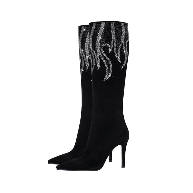 Black and Sliver Flame Pointed Toe Knee High Boots-2
