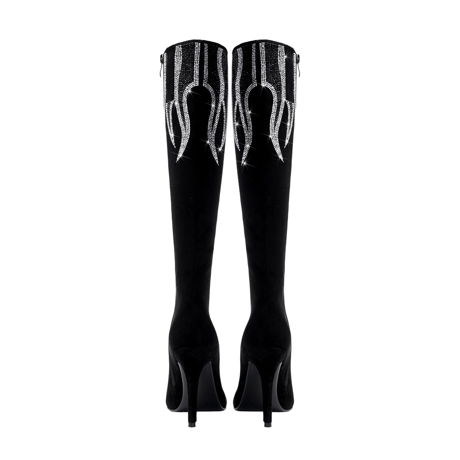 Black and Sliver Flame Pointed Toe Knee High Boots-4