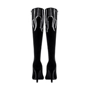 Black and Sliver Flame Pointed Toe Knee High Boots-4