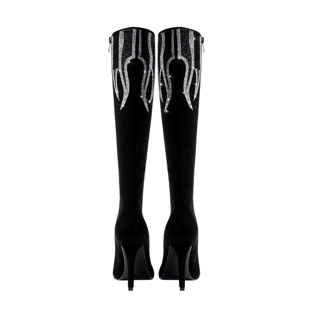 Black and Sliver Flame Pointed Toe Knee High Boots-4