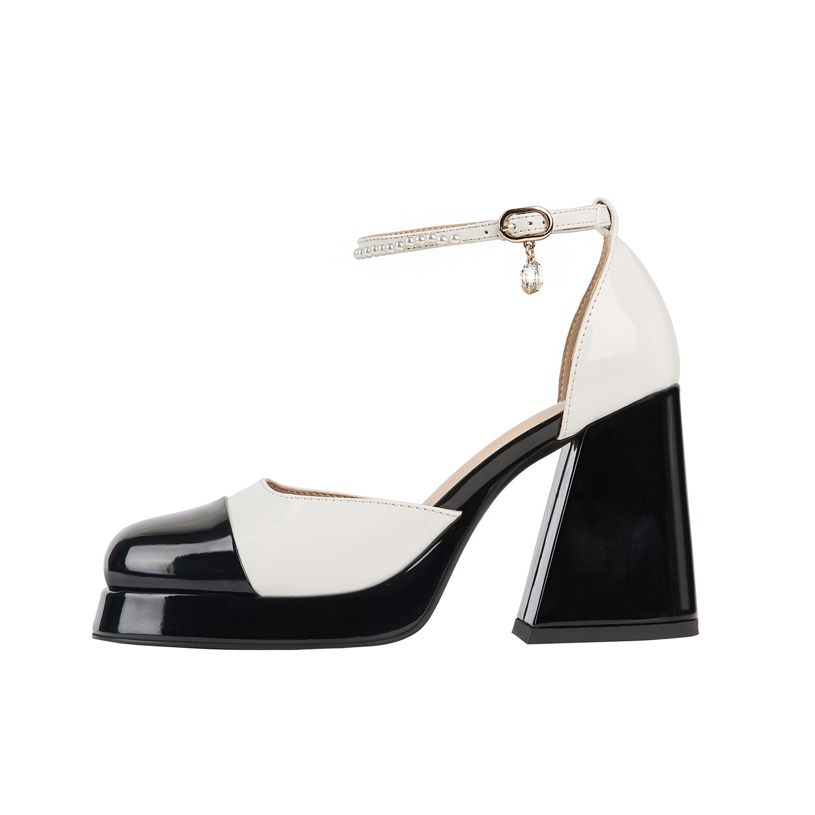 Black and White Round Toe Ankle Strap Pumps-1