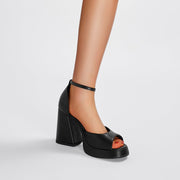 Black Chunky Block High Heel Ankle Strap Sandals-1