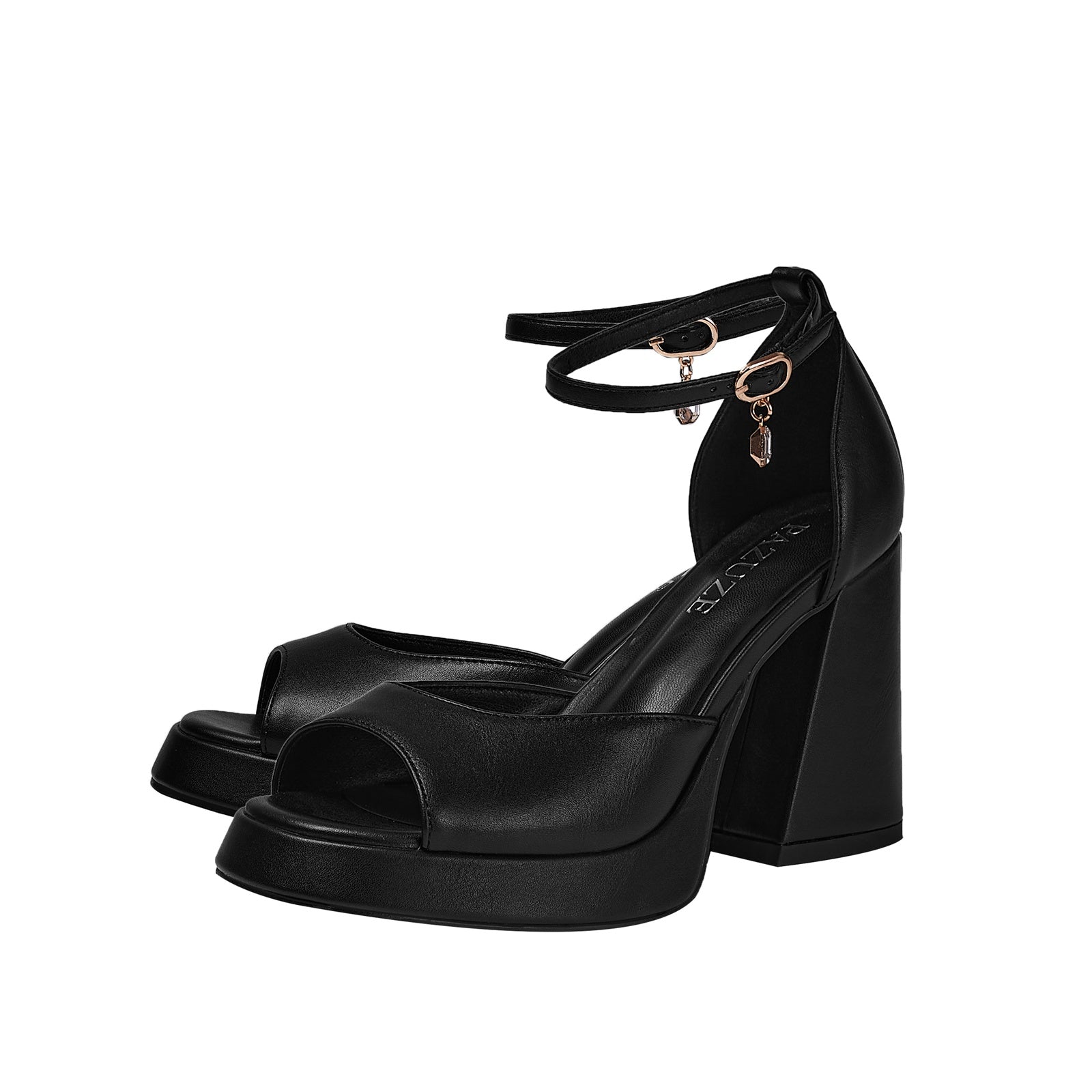 Black Chunky Block High Heel Ankle Strap Sandals-4