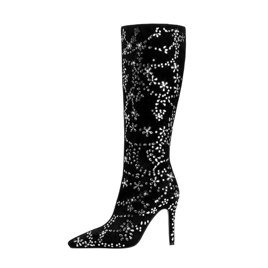 Black Floral Crystal Embellished Knee High Boots-0