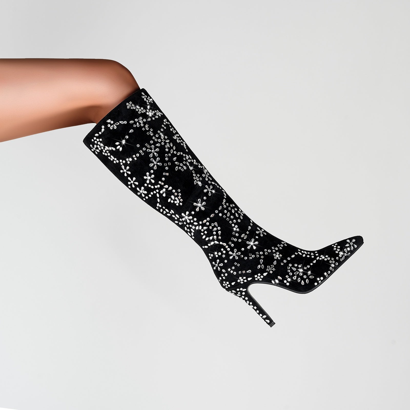 Black Floral Crystal Embellished Knee High Boots-1