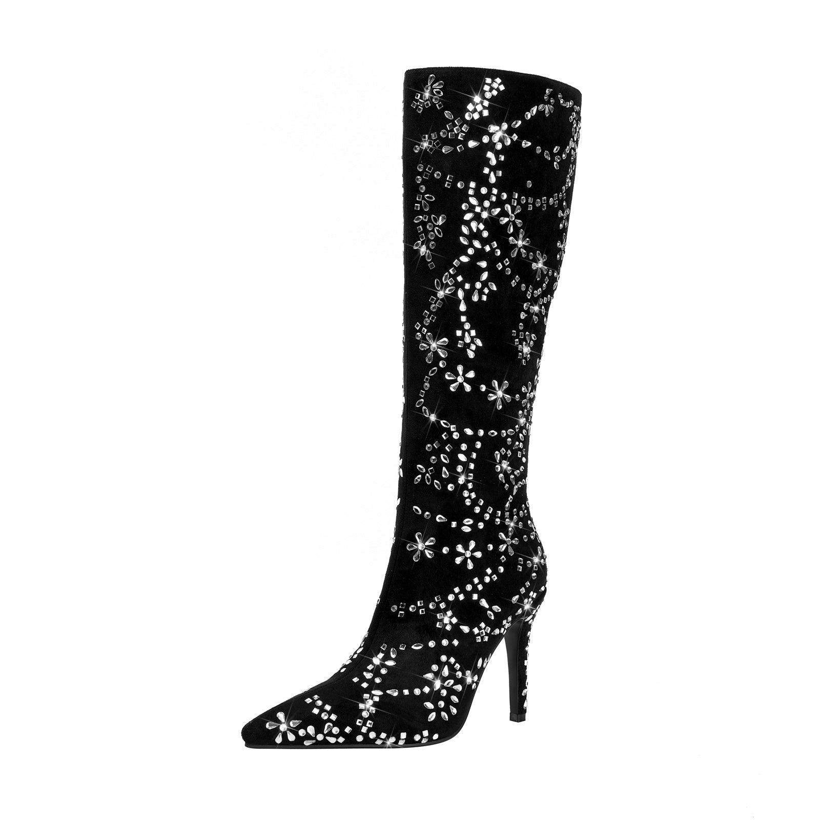Black Floral Crystal Embellished Knee High Boots-2