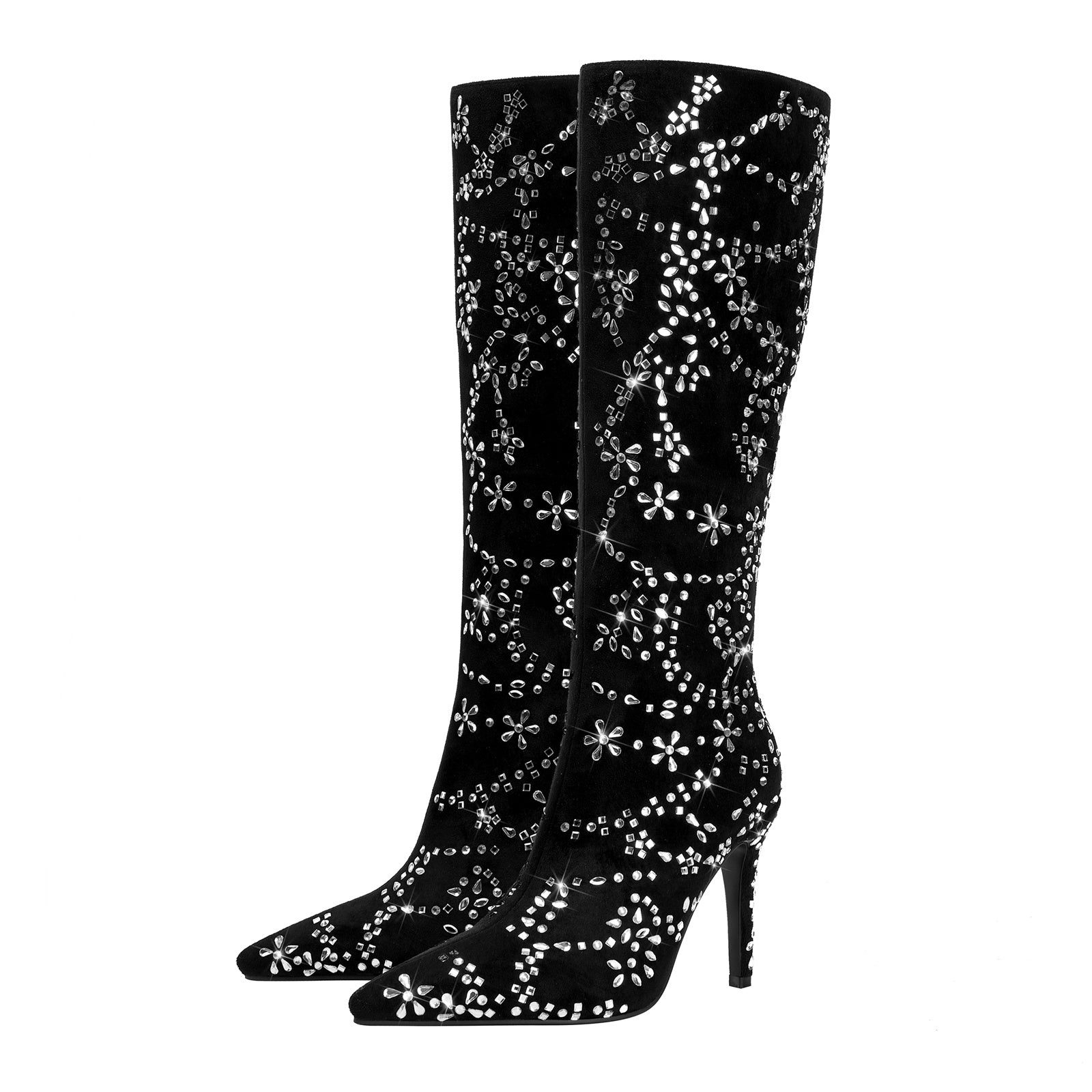 Black Floral Crystal Embellished Knee High Boots-3