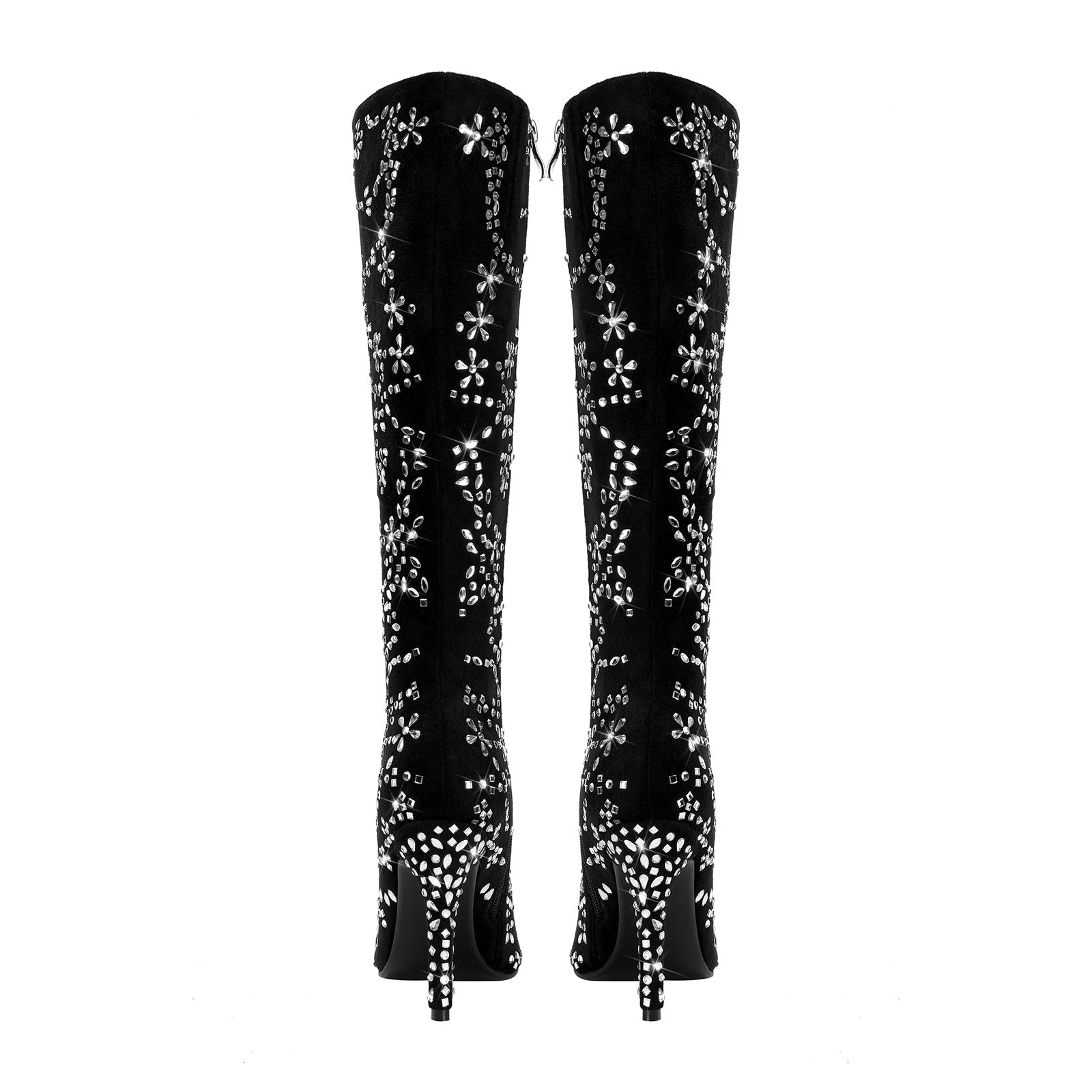 Black Floral Crystal Embellished Knee High Boots-4