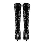 Black Floral Crystal Embellished Knee High Boots-4