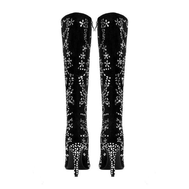 Black Floral Crystal Embellished Knee High Boots-4