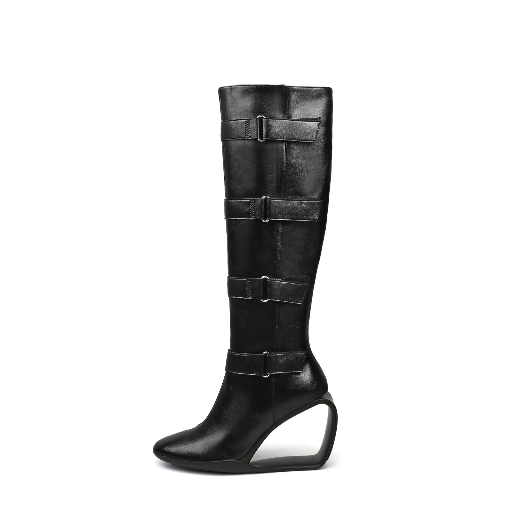 Black Knee-High Multi-Buckle Strap Boots-0