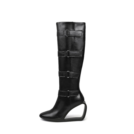 Black Knee-High Multi-Buckle Strap Boots-0