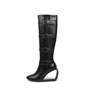 Black Knee-High Multi-Buckle Strap Boots-0
