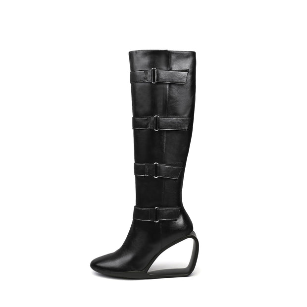 Black Knee-High Multi-Buckle Strap Boots-0