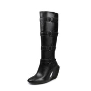 Black Knee-High Multi-Buckle Strap Boots-1