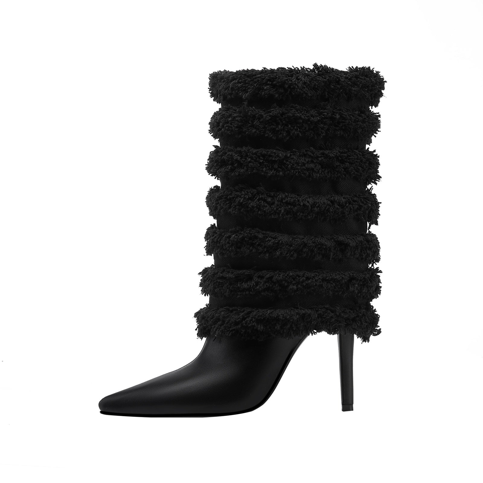 Black Leather Fur Coil Pointed Stiletto Boots-0