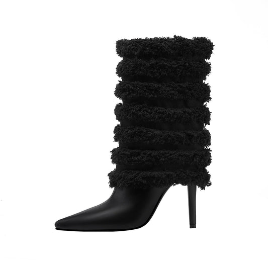 Black Leather Fur Coil Pointed Stiletto Boots-0