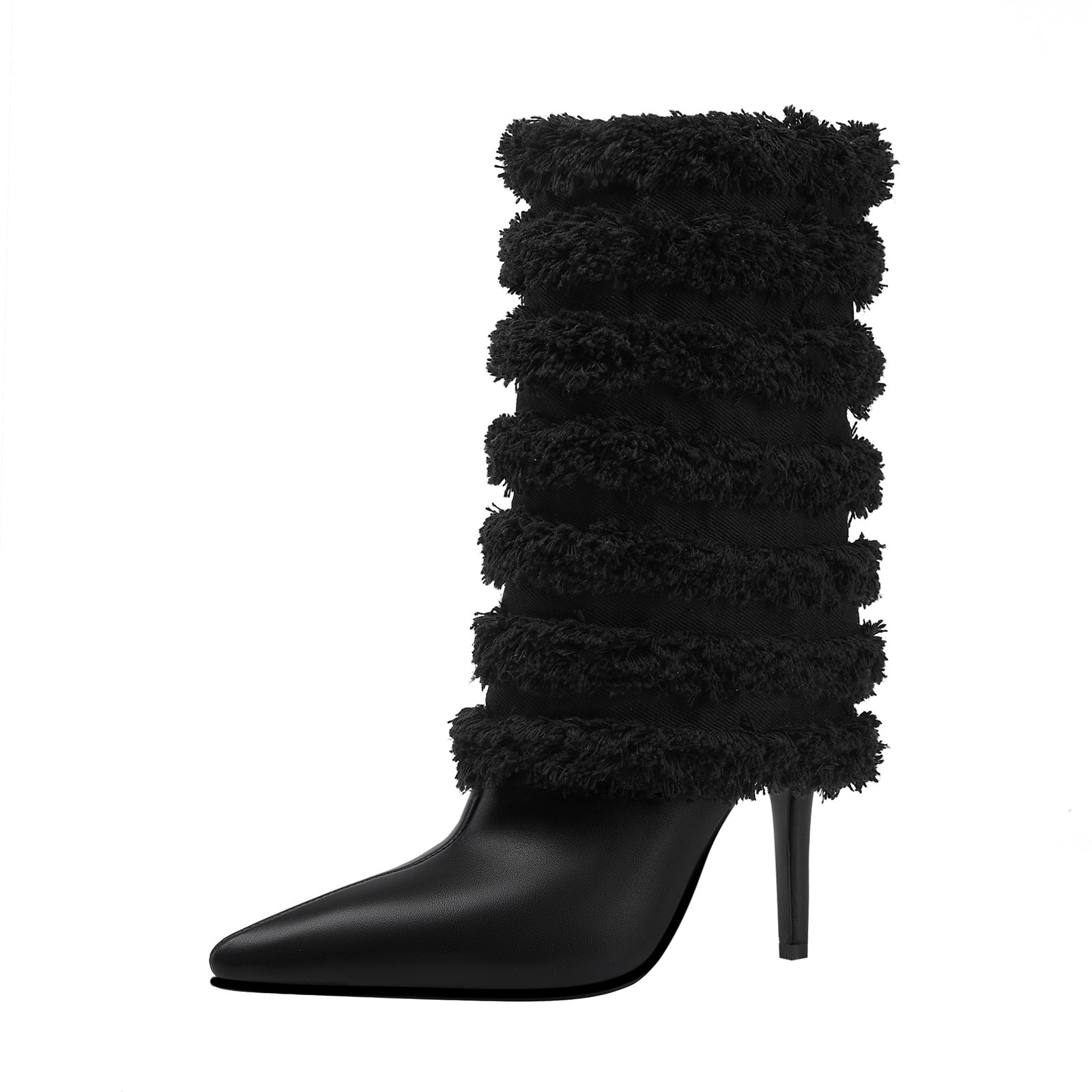 Black Leather Fur Coil Pointed Stiletto Boots-2