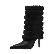 Black Leather Fur Coil Pointed Stiletto Boots-2