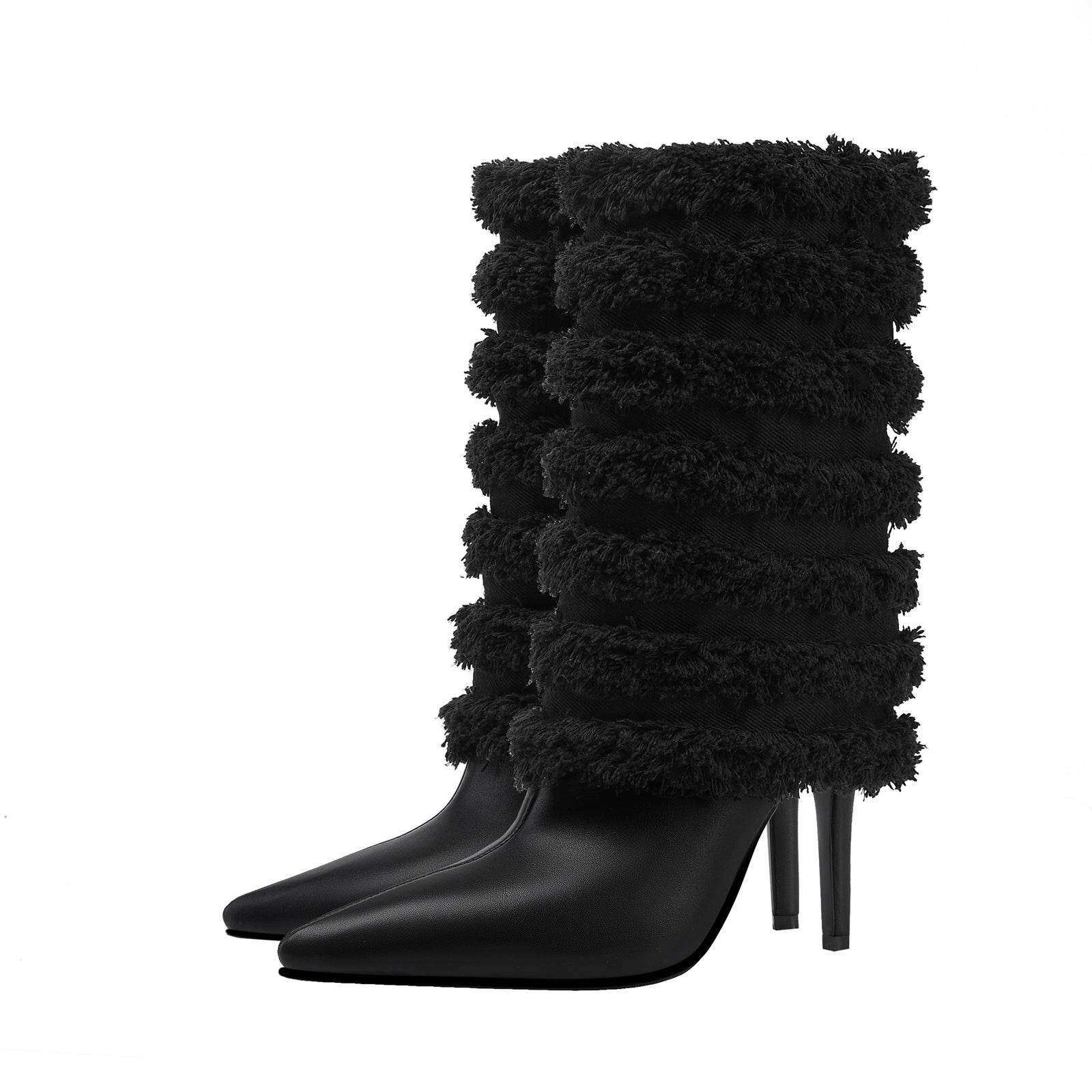Black Leather Fur Coil Pointed Stiletto Boots-3