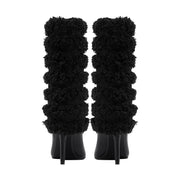 Black Leather Fur Coil Pointed Stiletto Boots-4