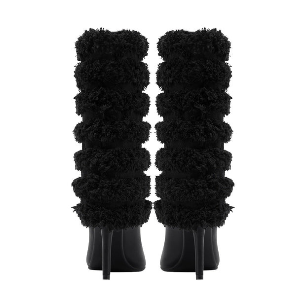 Black Leather Fur Coil Pointed Stiletto Boots-4