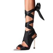 Black Pointed Toe Wrap Up Stiletto Heels-2