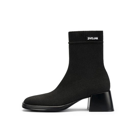 Block Heel Stretch Knit Boots-0