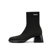 Block Heel Stretch Knit Boots-0