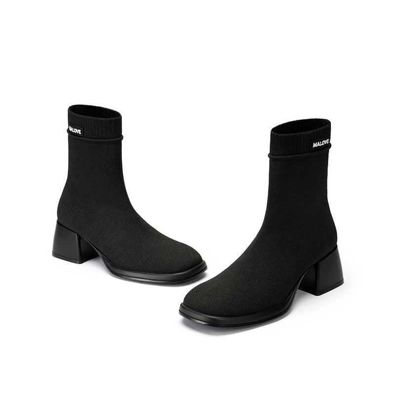 Block Heel Stretch Knit Boots-1