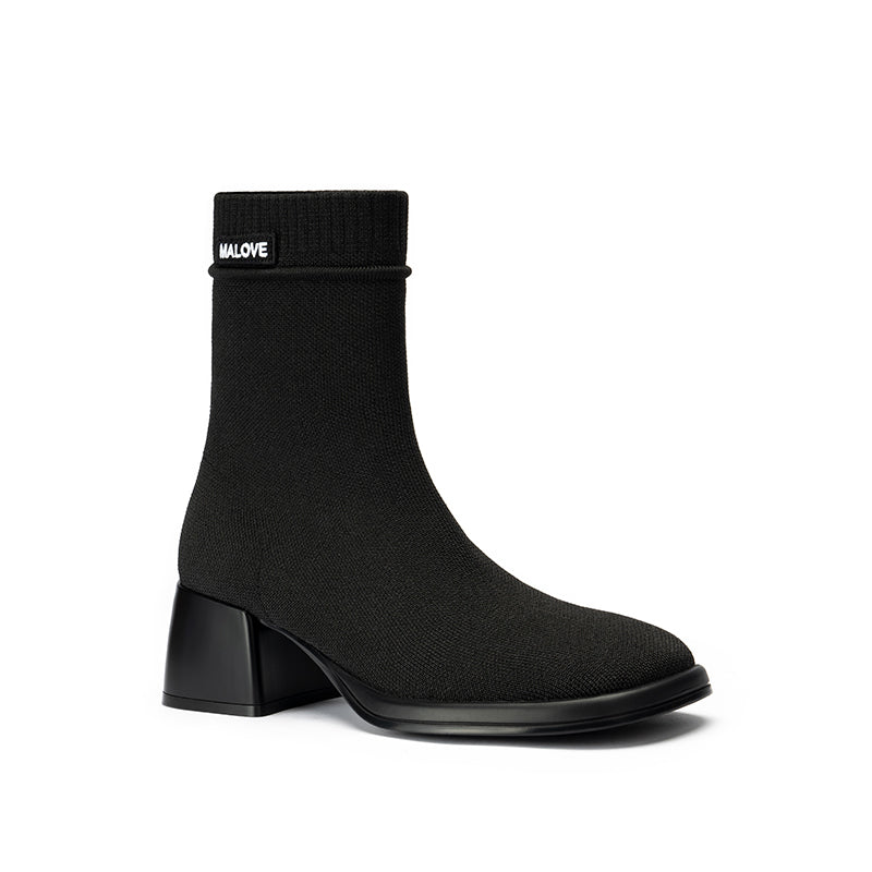 Block Heel Stretch Knit Boots-3