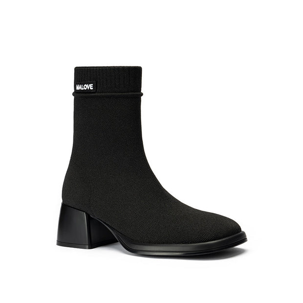 Block Heel Stretch Knit Boots-3