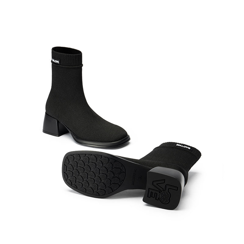 Block Heel Stretch Knit Boots-4