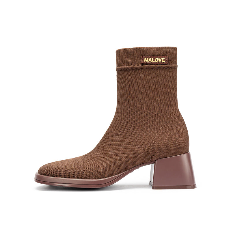 Block Heel Stretch Knit Boots-5