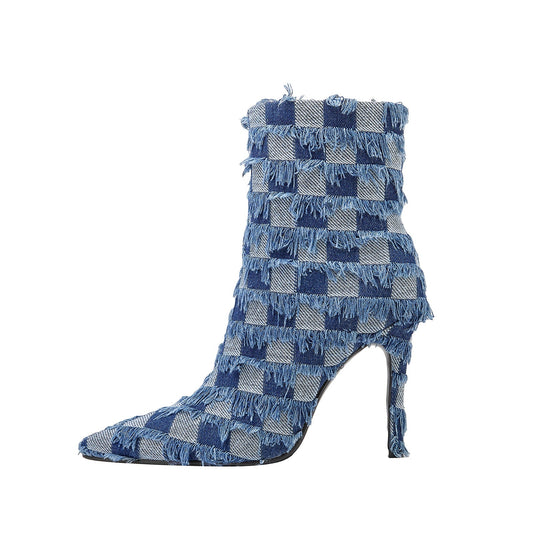 Blue Checkered Frayed Denim Ankle Boots-0