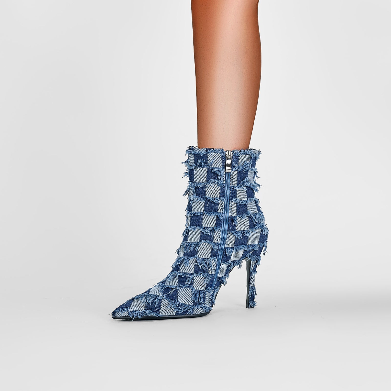 Blue Checkered Frayed Denim Ankle Boots-1