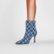 Blue Checkered Frayed Denim Ankle Boots-1