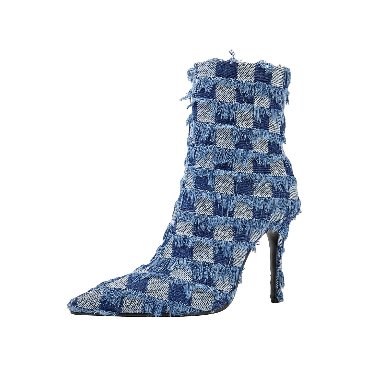 Blue Checkered Frayed Denim Ankle Boots-2
