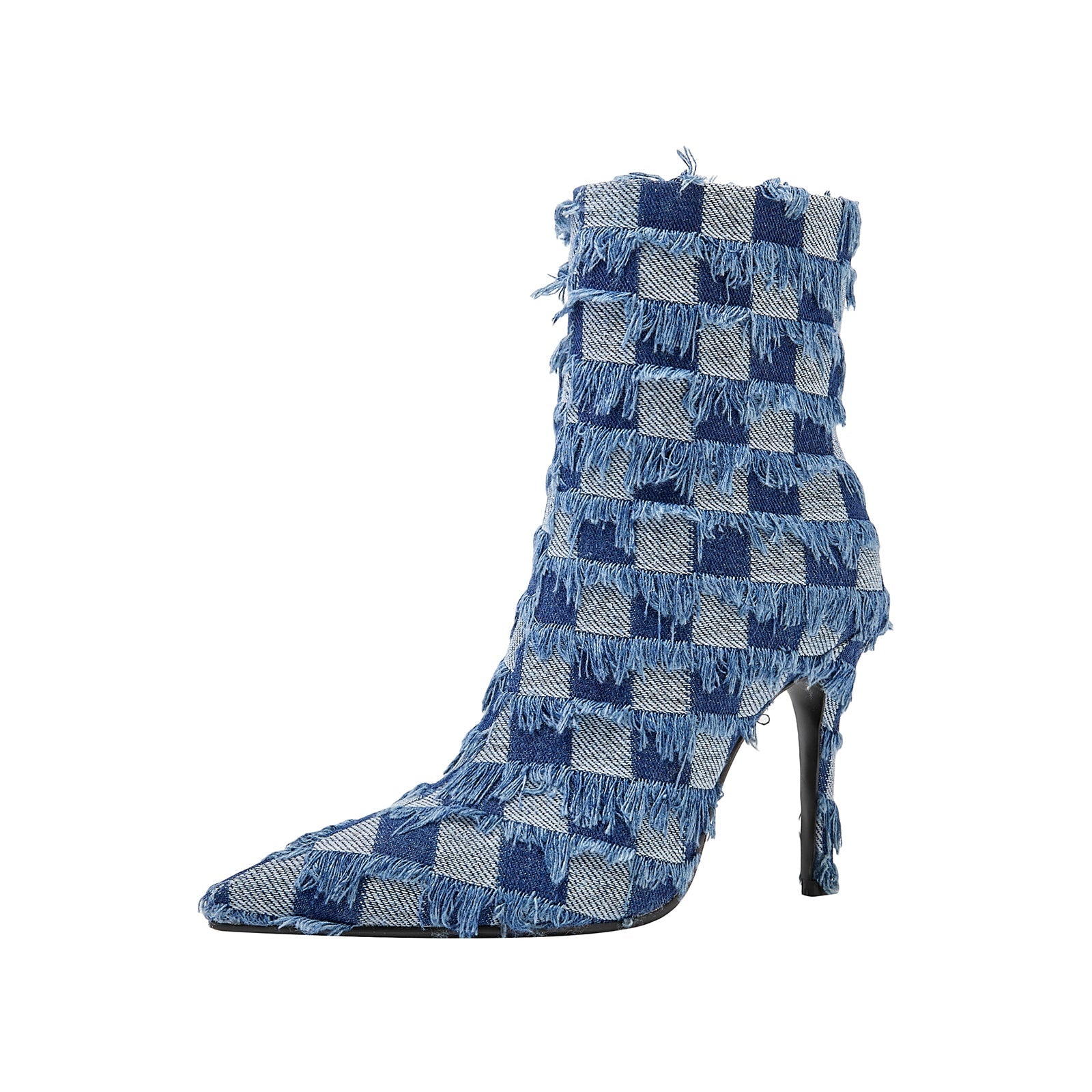 Blue Checkered Frayed Denim Ankle Boots-2