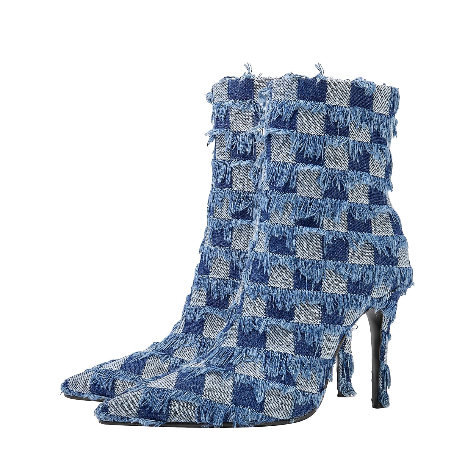 Blue Checkered Frayed Denim Ankle Boots-3