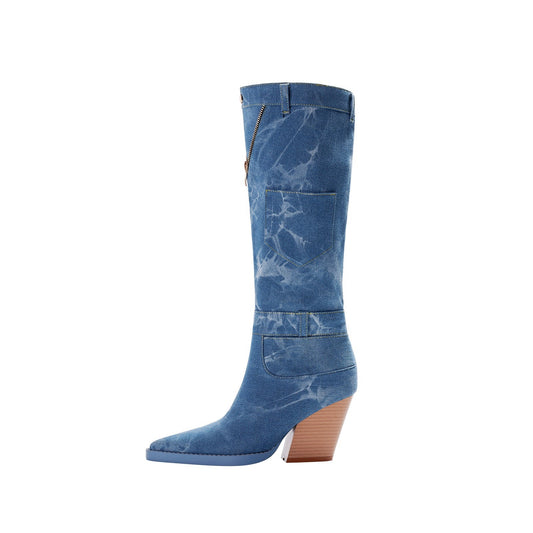 Classic Pointed Toe Pocket Denim Knee High Boots-0