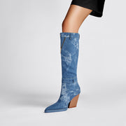 Classic Pointed Toe Pocket Denim Knee High Boots-1