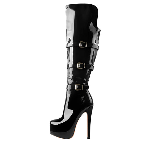Commando Leather Platform Pointed Toe Knee High Boots-0