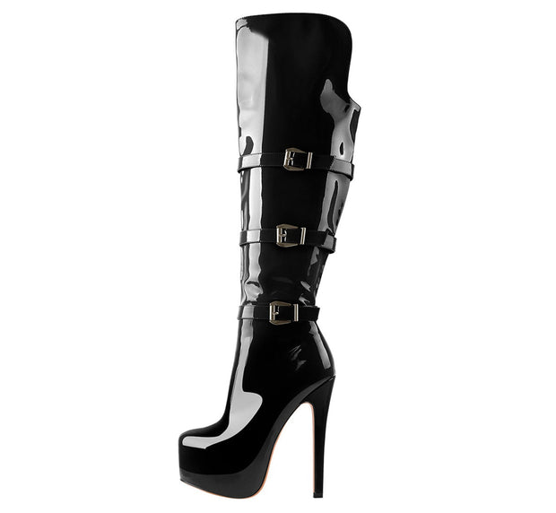 Commando Leather Platform Pointed Toe Knee High Boots-0