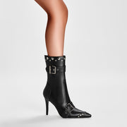 Convertible Double Buckle Black Pointed Toe Boots-4