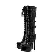 Cosplay Black Leather Buckle Knee High Boots-2