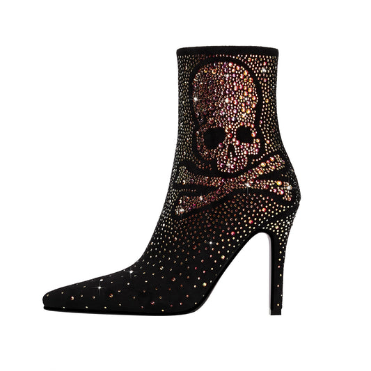 Crystal Encrusted Skull and Bones Black Ankle Boots-0