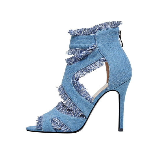 Cutout Distressed Denim Stiletto Heel Ankle Boots-0