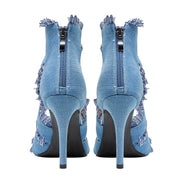 Cutout Distressed Denim Stiletto Heel Ankle Boots-3